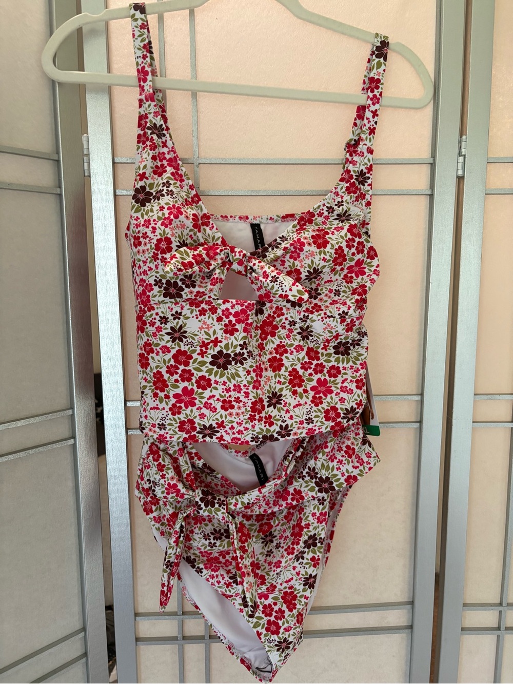 Tahari Pink, Red & Green Floral Two-Piece Swimsuit with Front Tie